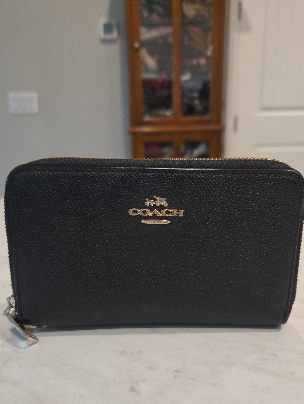 Coach Black Pebbled Leather Zip Wallet with Gold Trim